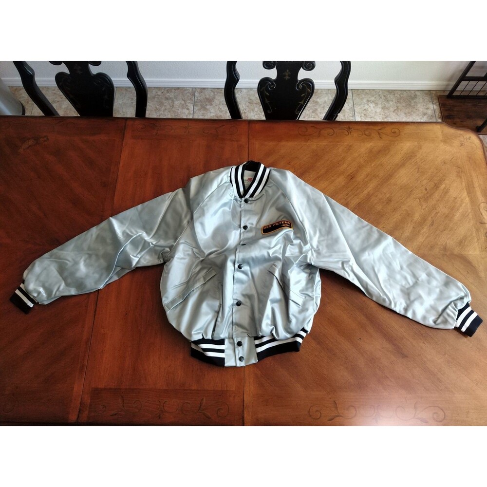 Vintage King Louie Pro Fit Silver Bomber Jacket Adult Large Nylon USA Wix Filter - Picture 1 of 16